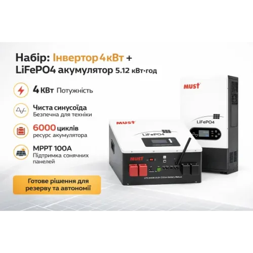 Комплект резервного питания MUST 4,0 PREM кВт + LiFePO4 24 В 200 А·ч (5,12 кВт·ч)